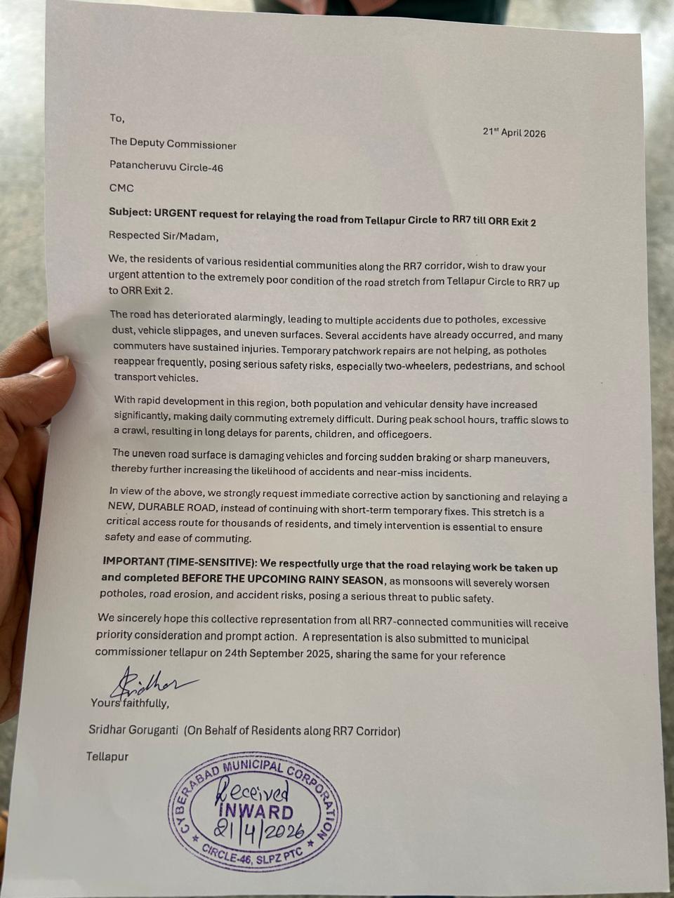 Representation for relaying the Tellapur Circle – RR7 road